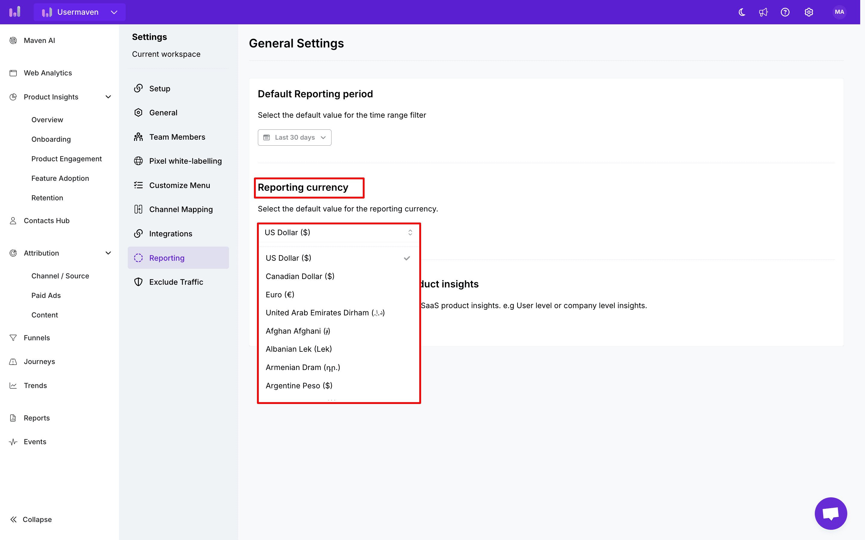 select reporting currency